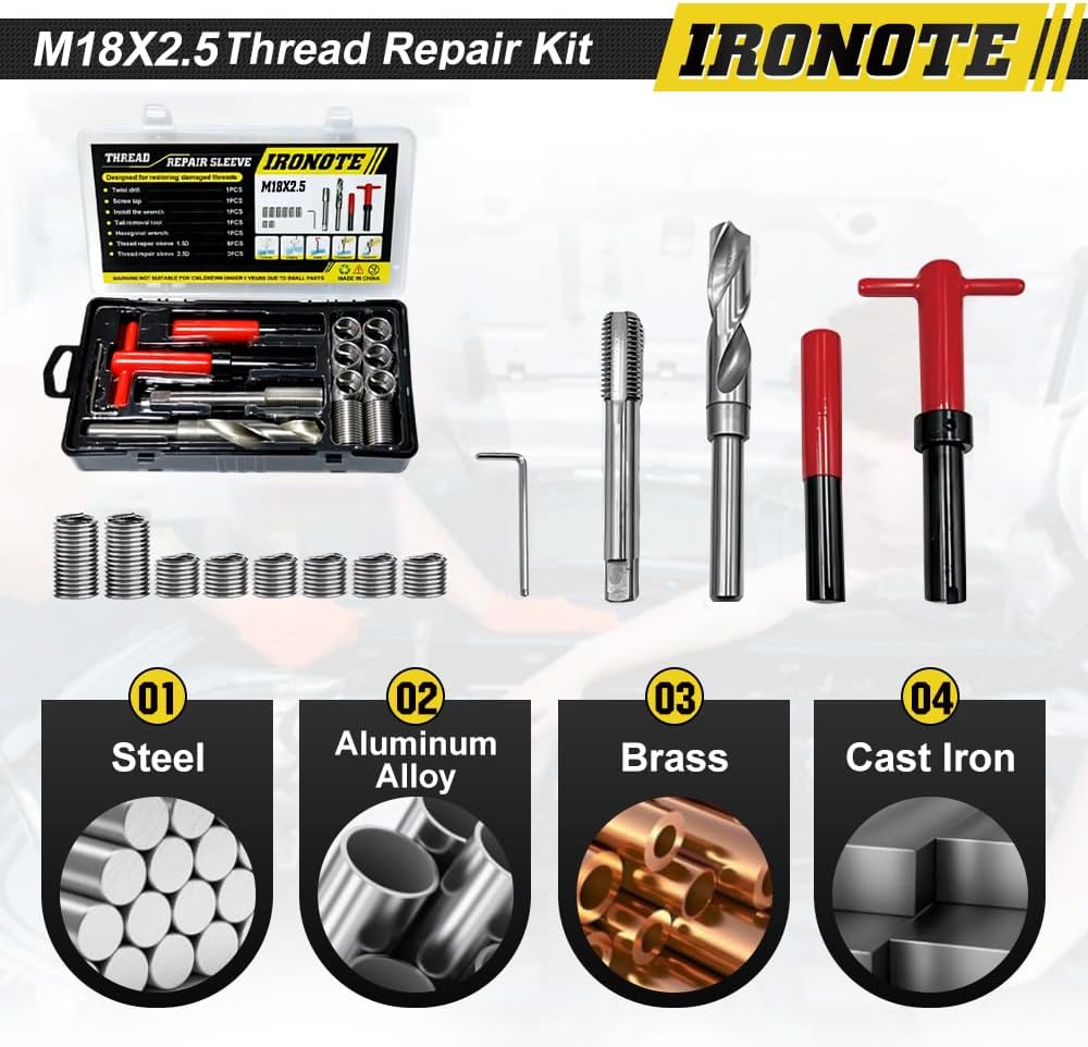 M18 x 2 .5Thread Repair Kit, Helical Coil Thread Insert Tool Set, 10PCS Inserts 1.5D & 2.5D, with Drill, Tap & Wrenches, Rethreading for Stripped Spark Plug Engine Block Repair