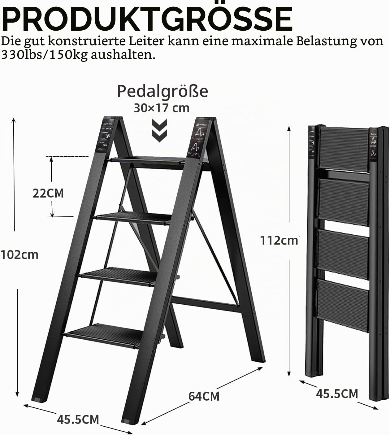 4-stufige Leiter, praktische Klappleiter, breite Stufen, kann als Regal verwendet Werden, 150 kg Belastung, Schwarz