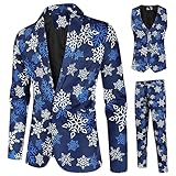 Men's Christmas Suit 3 Piece Slim Fit Suit Set Xmas Holiday Party Tuxedo Suits Blazer Jacket Vests Pants Men Suit Set (Blue Snowflake, M)