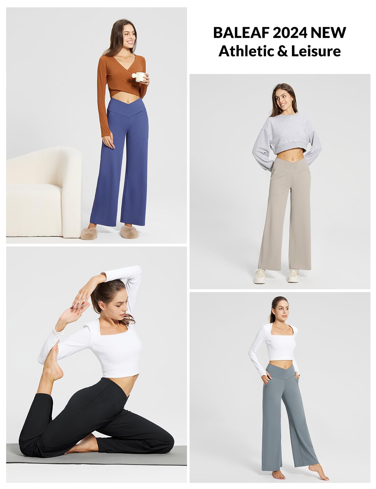 BALEAF, Pantaloni da yoga da donna a gamba larga, a vita alta a incrocio, larghi, lunghi, elasticizzati, con tasche, casual, adatti come abbigliamento da casa