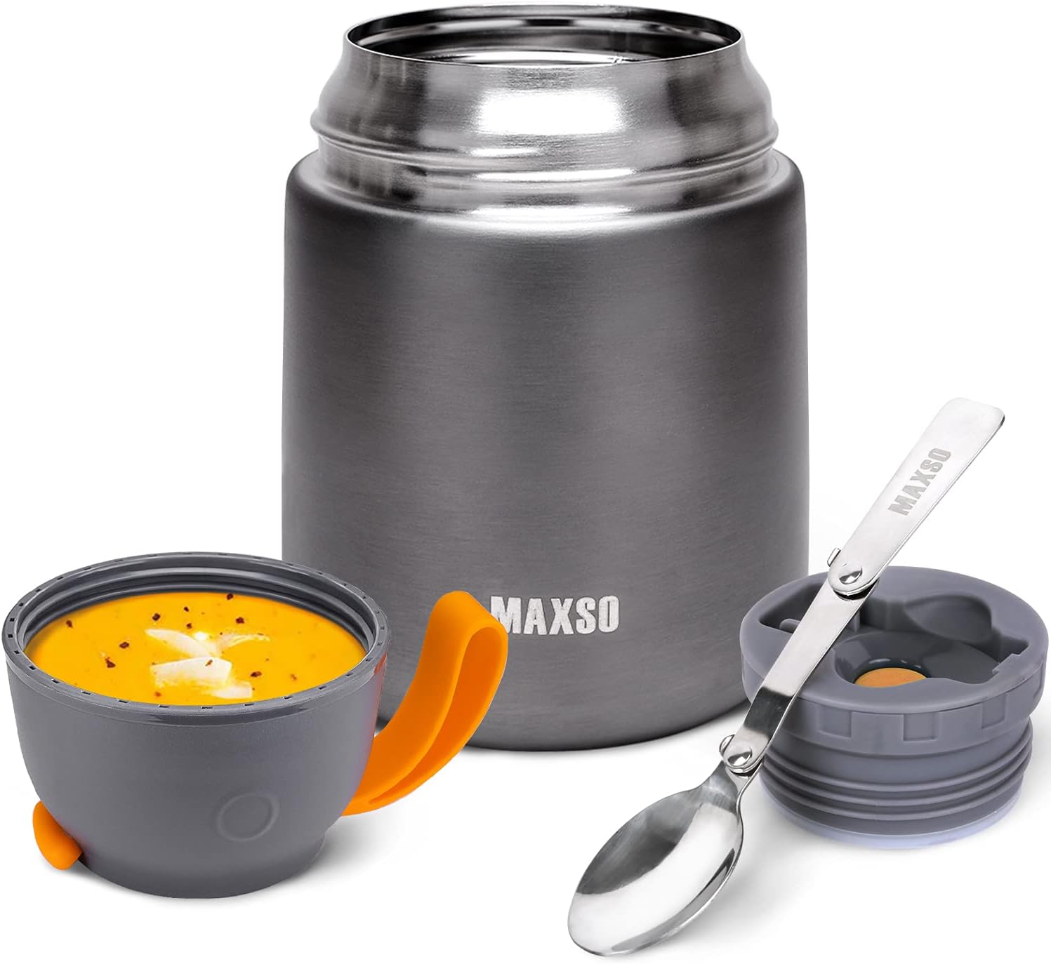 MAXSO Soup Thermo for Hot & Cold Food for Adults Kids, 17 oz Vacuum Insulated Steel Lunch Container Bento Box with Spoon, Leakproof Thermal Food Jar for School Office Travel - Grey