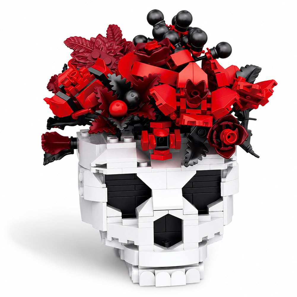 Skull Vase Building Set,Red Rose Skull Vase Building Blocks,Halloween Gothic Decor Construction Toy,557PCS Creative Building Toys,Unique for Him Her,Home Display Model (Rose Skull)