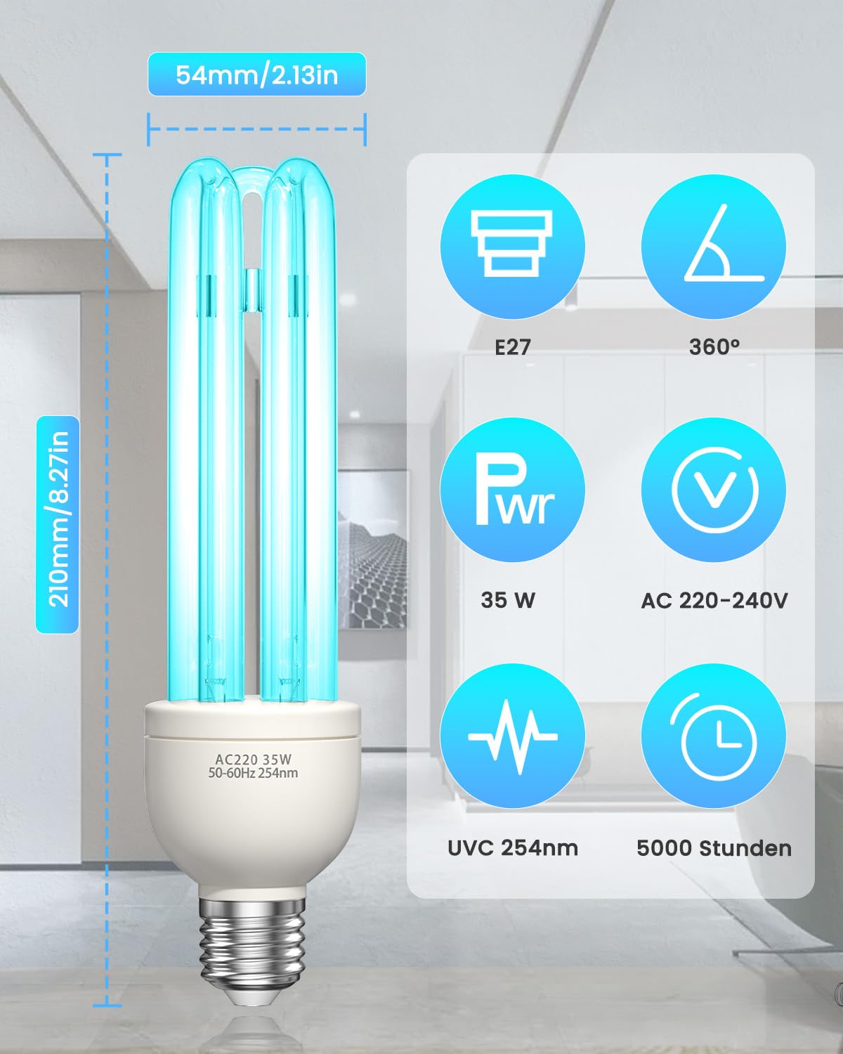 Lampe Desinfektion mit Ozon LED Licht 35W E27 254nm Keimtötende Lampe Starke Sterilisation und Desinfektion AC220-240V Perfekt für Küche, Schlafzimmer, Wohnzimmer, Büro Frischluft