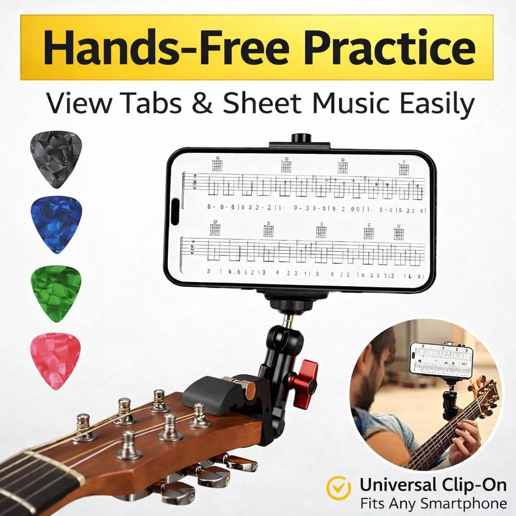 Guitar Head Phone Holder Mount with 5 Picks, Universal Clip-On Smartphone Stand for Guitar & Ukulele, Adjustable Phone Accessory for Musicians, Practice, Recording & Live Performance