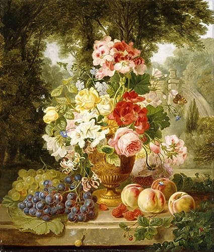 Pintura mural SERENDIPITP de paisaje clásico con jarrón de flores y frutas (60x90cm)