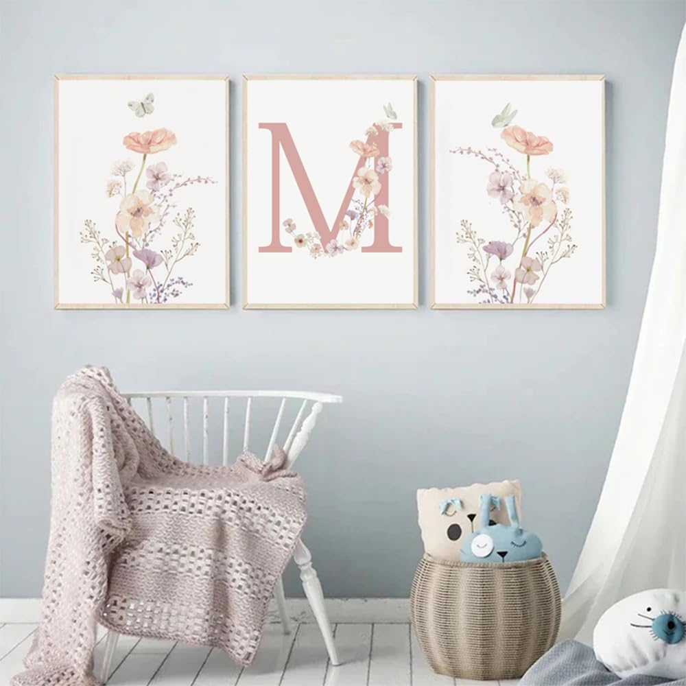 Youihom 3 Quadri Bambini Nome Stampe Cameretta Bimba Floreali Rosa 30 x 40 Quadretti Personalizzati Bimba Poster Camera Neonato Tela senza Cornice