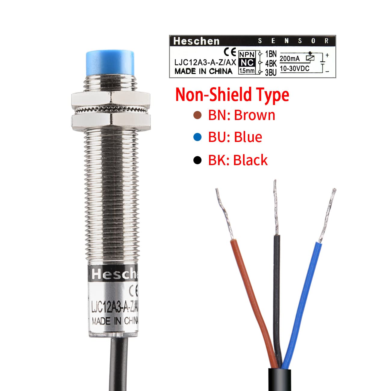 Capacitive Proximity Sensor Heschen M12 Switch Non-Shield Type LJC12A3-5-Z/AX Detector 1-5mm 10-30VDC 200mA NPN Normally Closed(NC) 3 Wire Proximity Switch