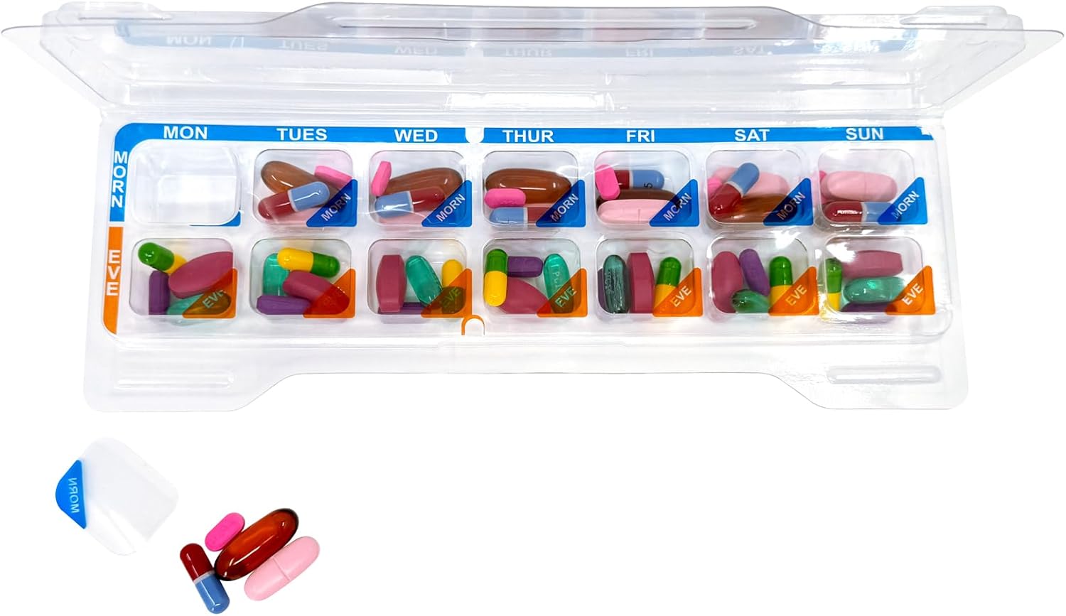 Weekly 2X 4X a Day Medication Pharmacy Pill Blister Case Trays Pack with Self Adhesive Seal Label (2X a Day Weekly, 5 Pack)