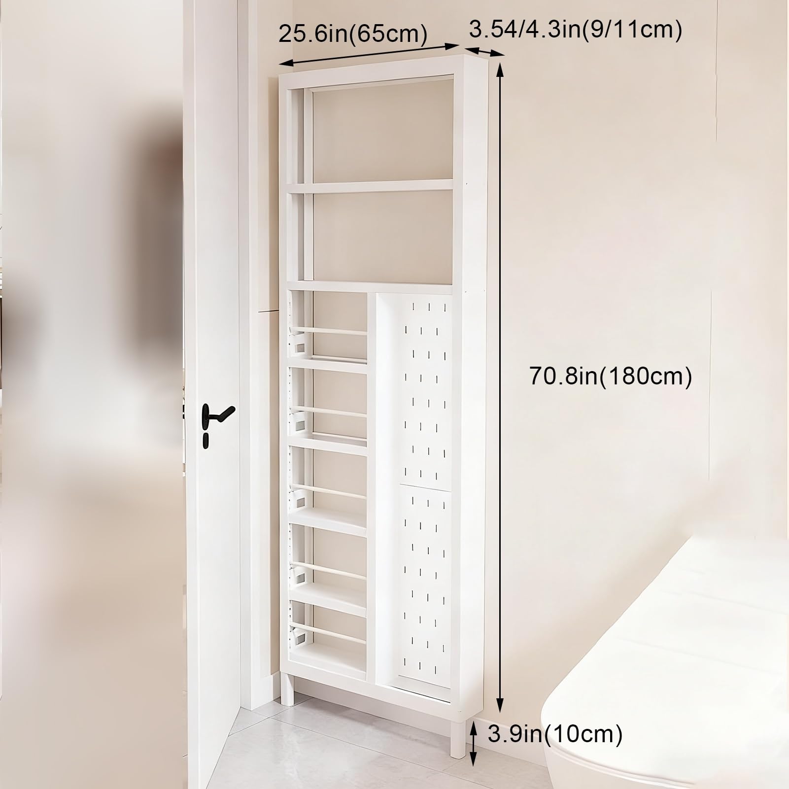 Mensola sottile con pannello forato in metallo per bagno, cucina, camera da letto e ingresso (65 x 190 x 8,9 cm) salvaspazio dietro la porta Solut