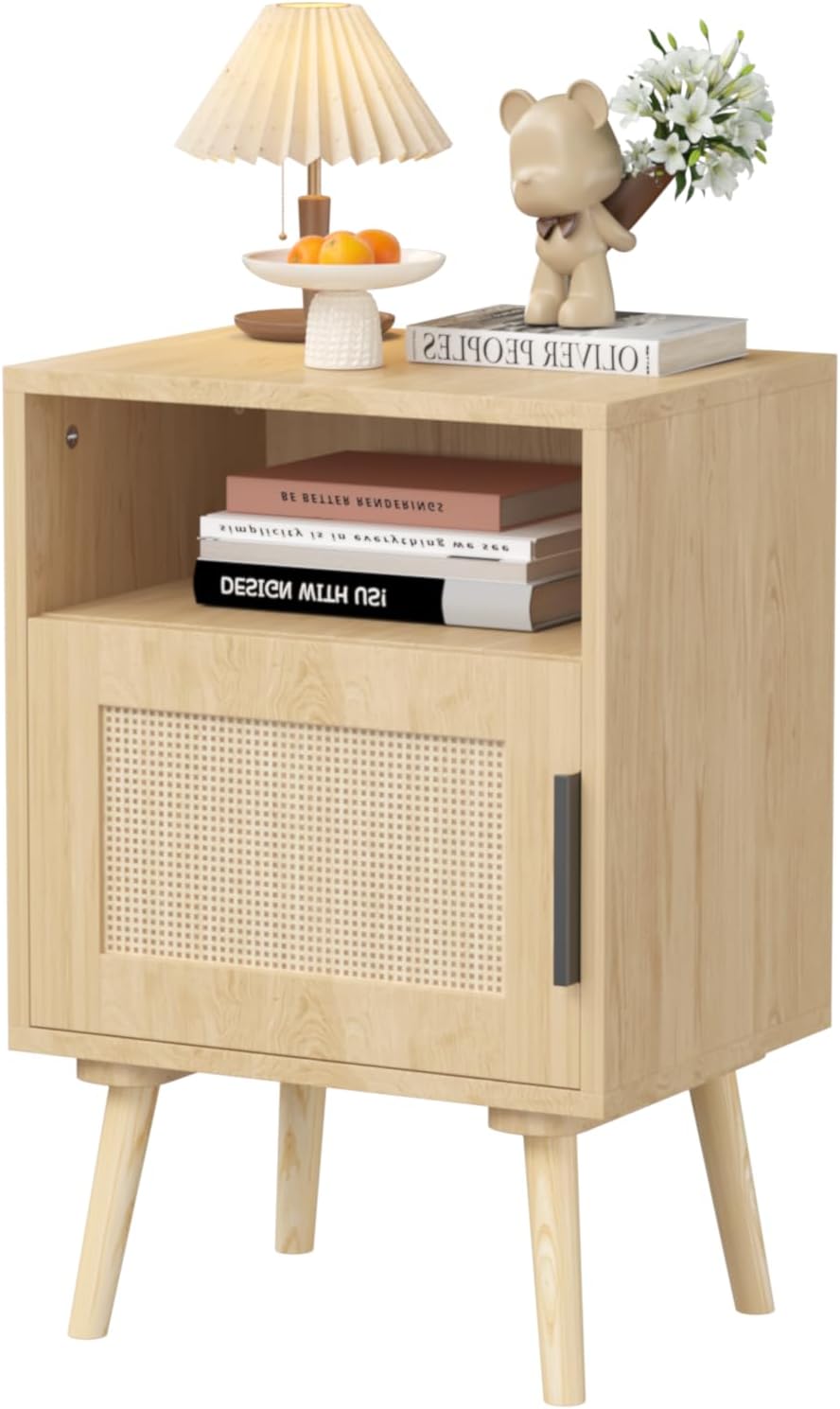 15'' Rattan Nightstands, Side Table with Door Open Shelf, Accent Bedside End Table with Solid Wood Legs for Bedroom, Dorm and Small Spaces, Oak