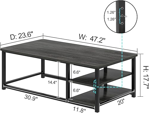 Miniatura 2 de EXCEFUR Mesa de Centro, Mesa de Sala de Estar de Madera Rústica y Metal con Estante de Almacenamiento Ajustable, Gris Oscuro, 47 Pulgadas Gris,Negro