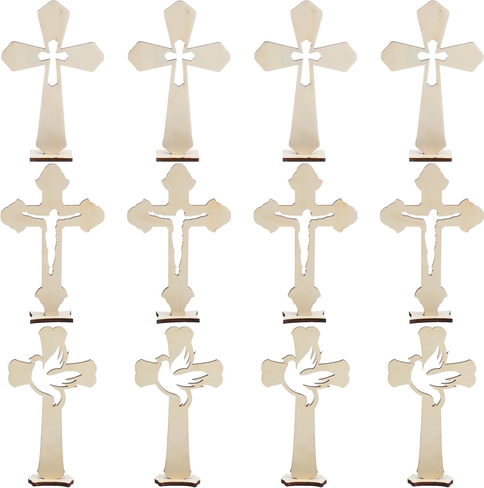 Kathfly 24 Pieces Wooden Cross Catholic Wood Crosses for Crafts Small Baptism Decor Rustic Standing Cross for Table First Communion with 24 Bases, 3 Styles, 6.7 x 4.3 Inches (Wood)