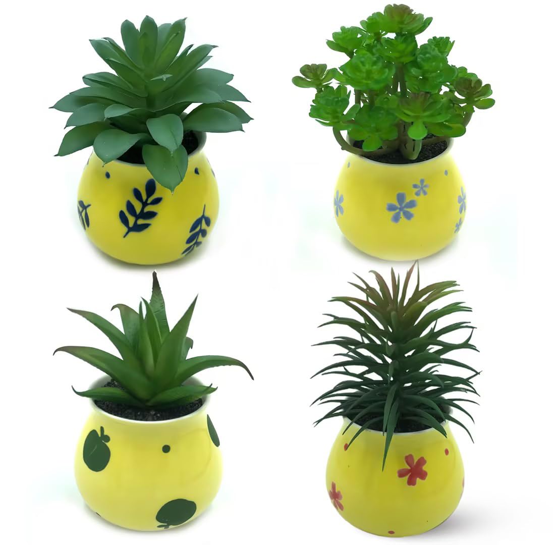 PASCH Set di 4 piante grasse artificiali come in vasi in ceramica dipinti a mano: piante grasse artificiali, decorazione per soggiorno, pianta decorativa per ufficio, pianta artificiale, piccola