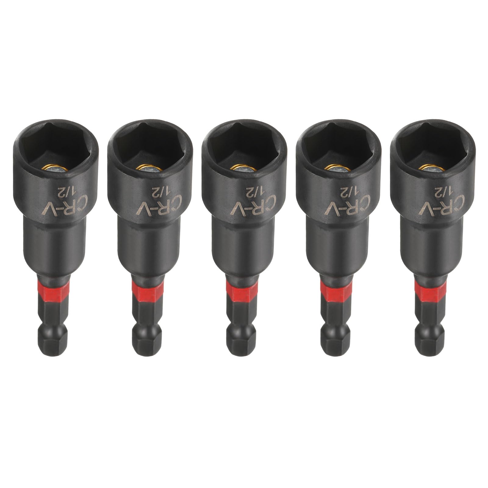 sourcing map 5pcs Nut Driver Drill Bit 1/2 Inch Socket 1/4" Hex Shank 3" (65mm) Long Magnetic 6-Point Sockets Quick Change Phosphated CR-V Steel Bolt Setters for Power Drill Drivers, Black — image 1