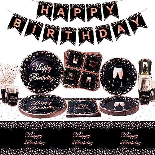 XJLANTTE Fournitures de fête en Or Rose et Noir - Bannière, Assiettes en Papier, Serviettes, gobelets, Nappe et pailles, Sert 20 invités (Set 01) Cover