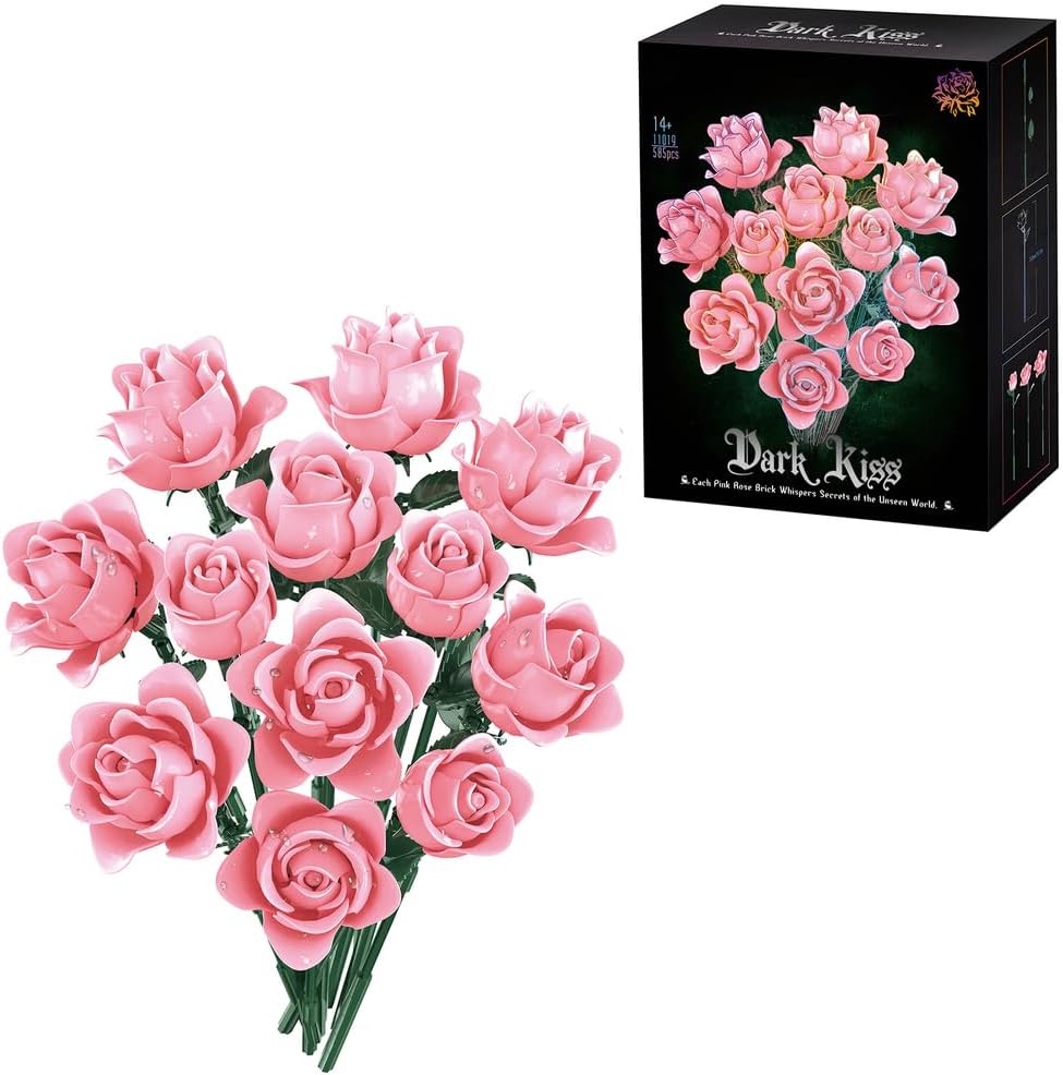 Pink Roses Bouquet Building Set, Pretty Pink Artificial Flowers Blocks Kit for Adults Women Teengirls Lovers - Gift for Mother's Day & Valentines - Botanical Collection Home Decor
