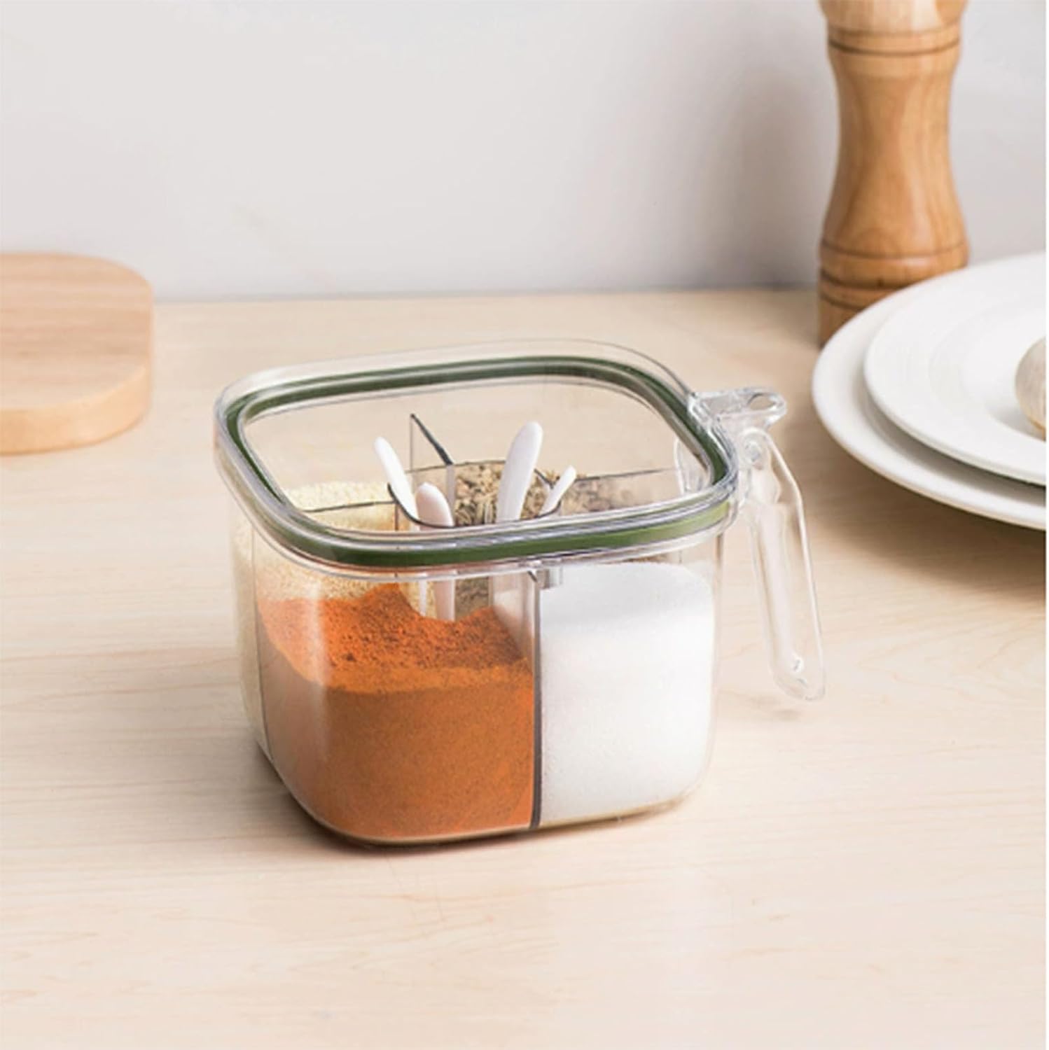 Clear Seasoning Rack Spice Pots,Clear Seasoning Box,4 Piece Seasoning Rack Spice Pots,Plastic Storage Container Condiment Jars with Lids & Spoon,Storage Container Condiment Jars Sets,Hot Cocoa Storage