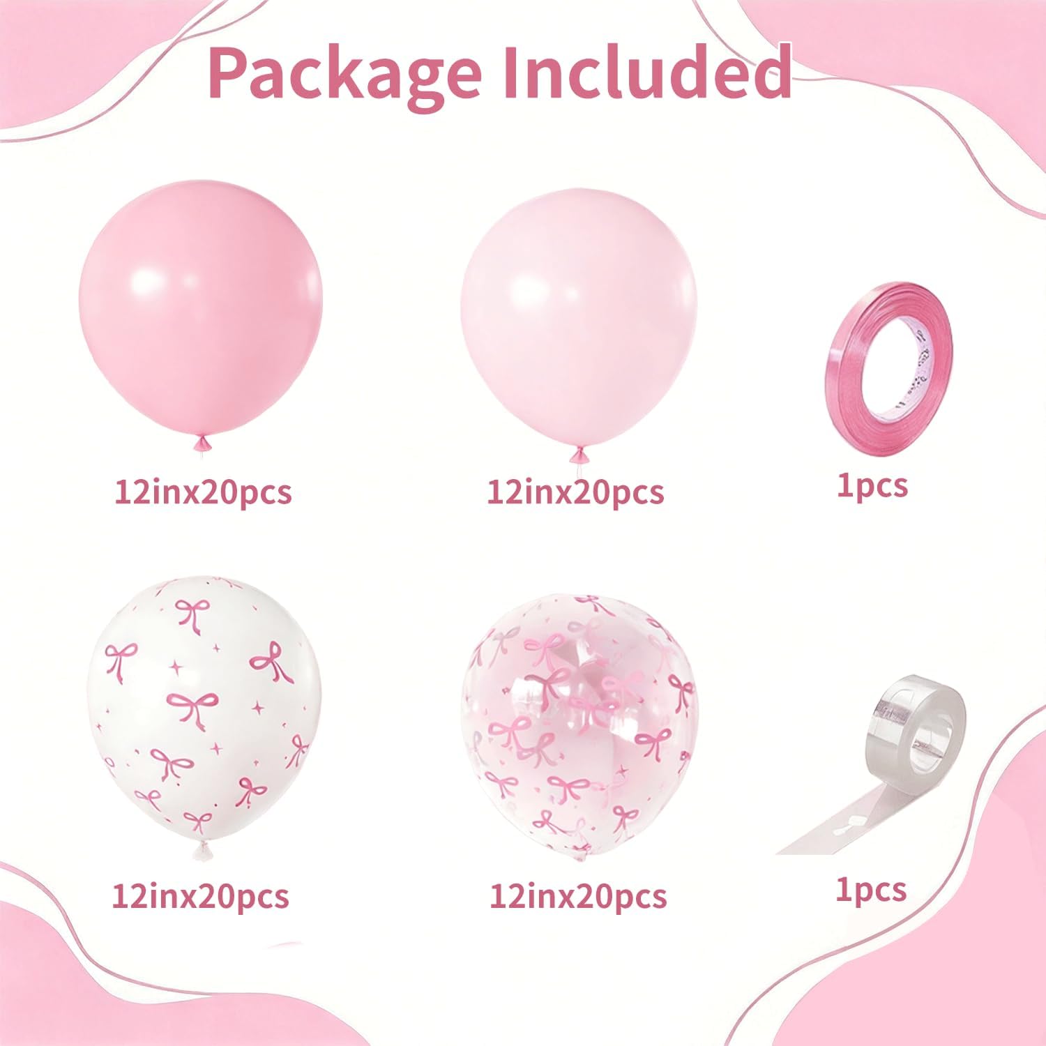Pink, White/Clear Bow Print Balloons, Latex, 12in, 60pcs, Party Decoration. image 2