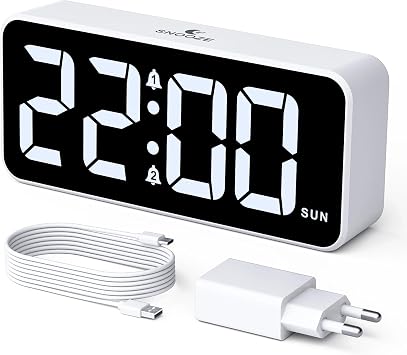 CHEREEKI Digital Alarm Clock, Digital Alarm Clock with Power Supply, Large LED Display, Double Alarm, Snooze Function, 3 Alarm Programs, Adjustable Volume, USB Charging Port
