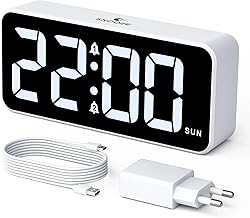 CHEREEKI Digital Alarm Clock, Digital Alarm Clock with Power Supply, Large LED Display, Double Alarm, Snooze Function, 3 Alarm Programs, Adjustable Volume, USB Charging Port