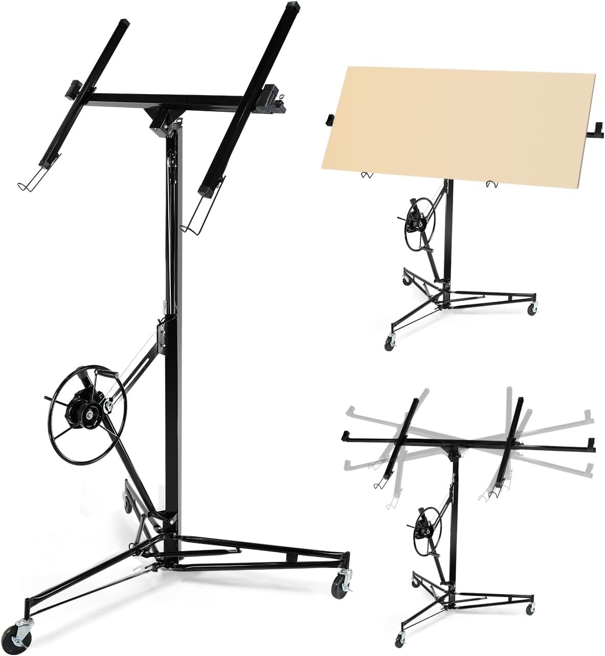 Drywall Lift Jack 150LB Capacity, 3.5FT-11FT Adjustable Height, 60° Tilt & 360° Rotation, Heavy Duty Steel Sheetrock Hoist with Wheels for Ceiling & Wall Installation, Professional Panel Lifter