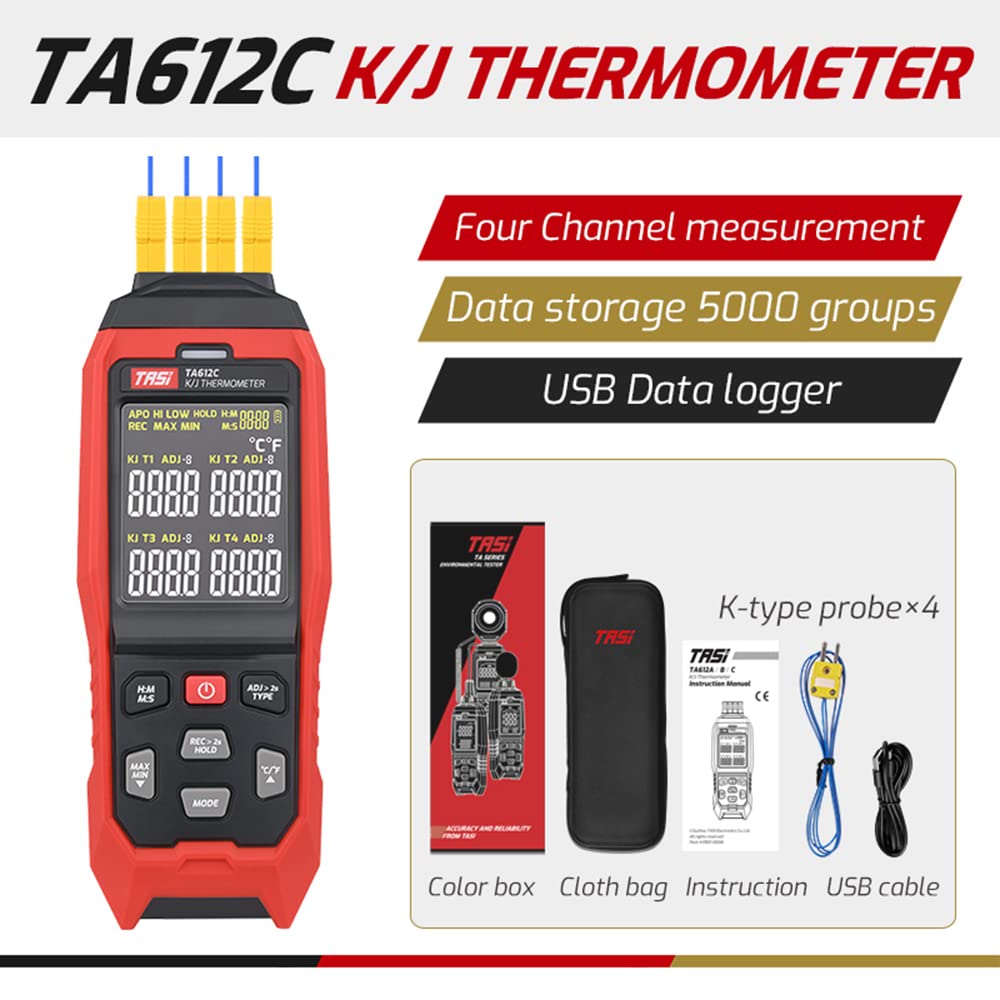 Termometro a termocoppia tipo K/J 4 canali -200~1372℃ alta precisione con USB e allarme