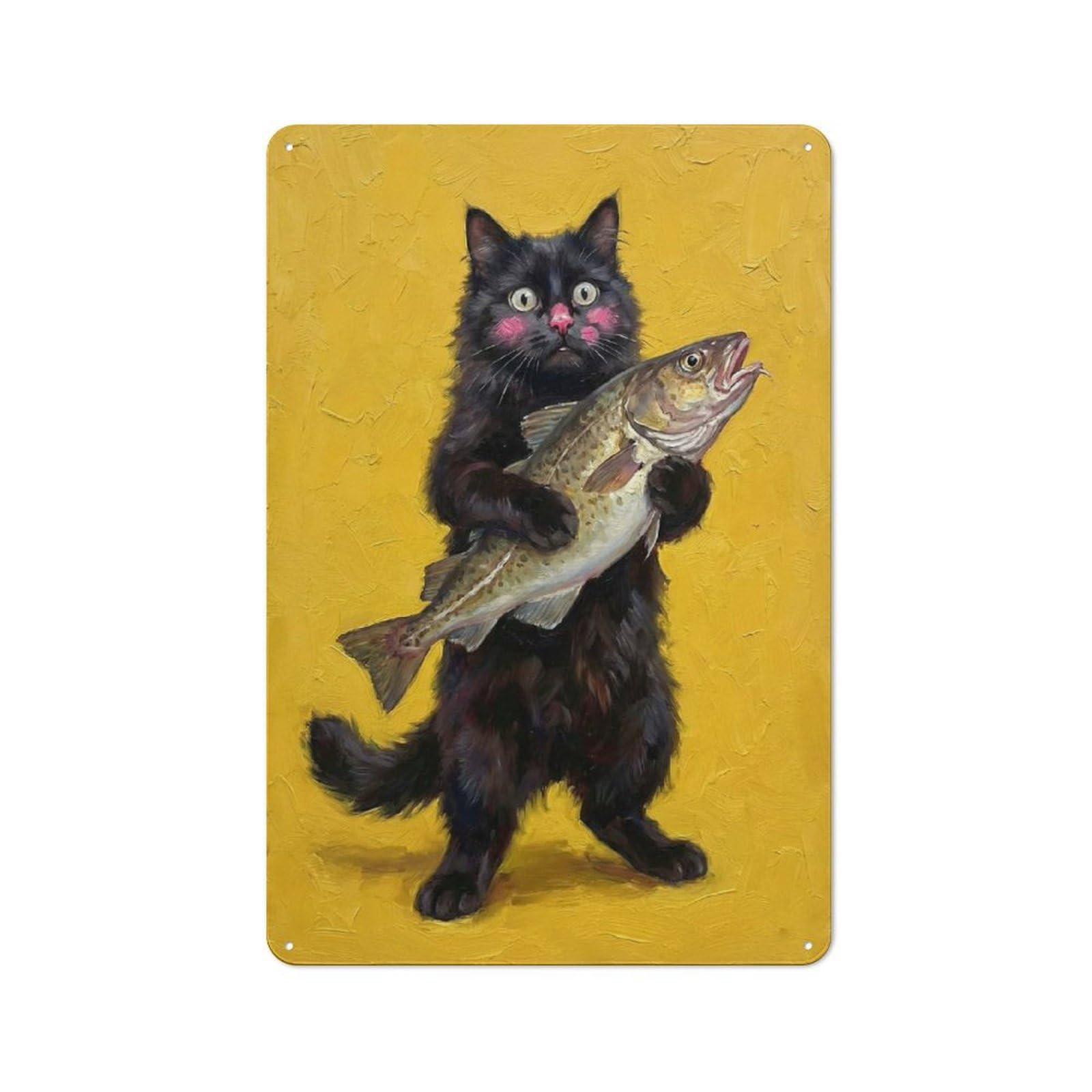 Junmoney Style-3 Black Cat Holding A Fish Rustic Metal Sign 30X20cm, Barn Style Farmhouse Wall Decor For Kitchen, Cottage, Porch Or Garden Room