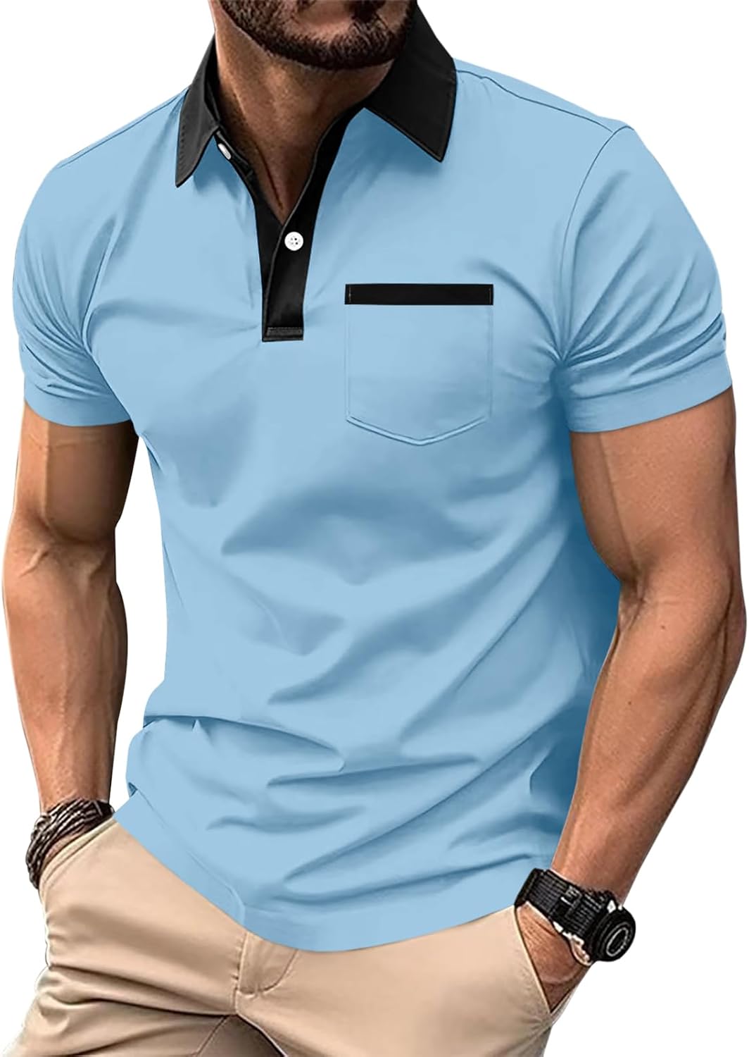 Mens Short Sleeve Polo Shirts Casual Summer Button Basic Shirt Classic Golf Stylish Tops with Pocket