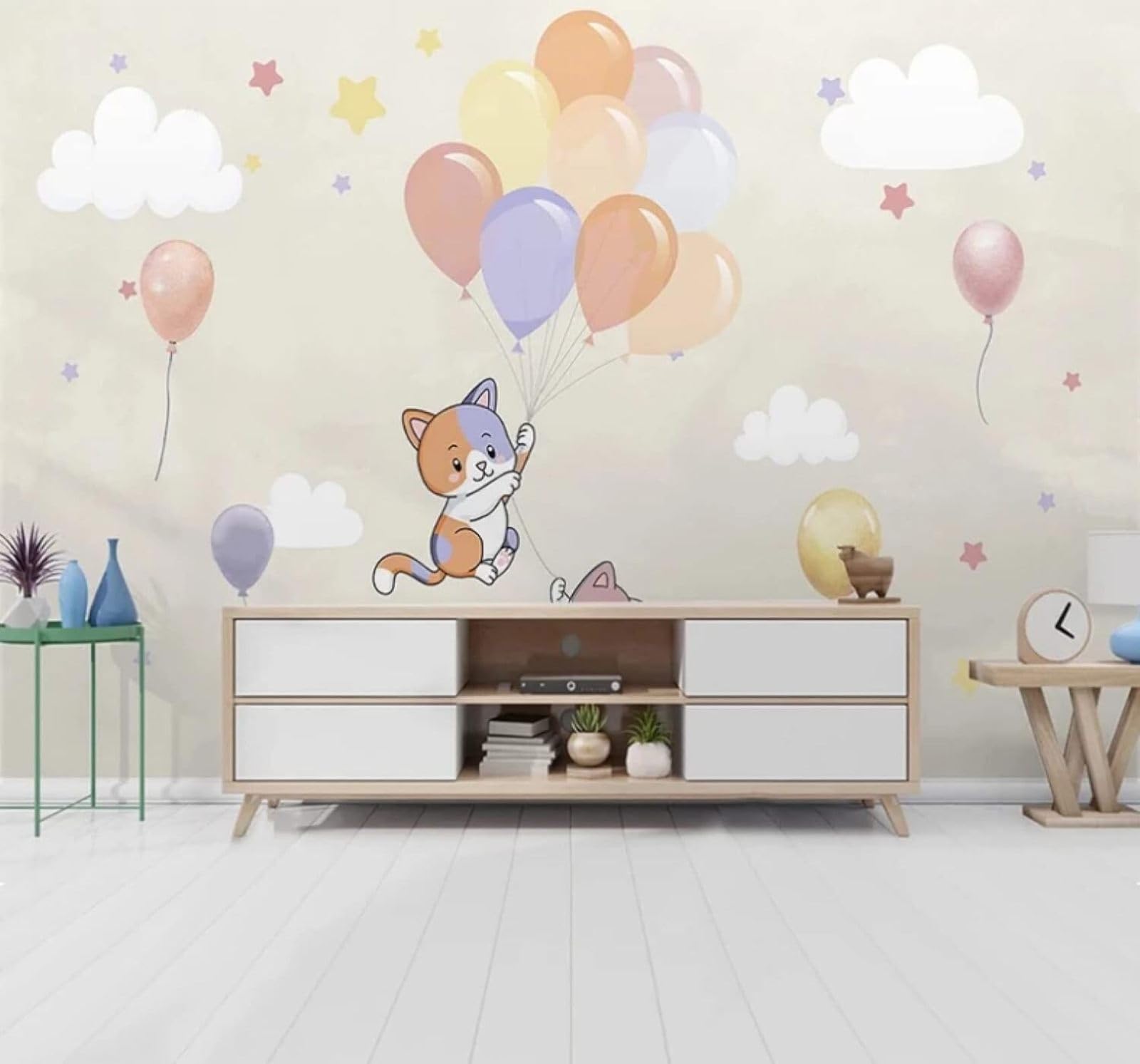 Xlming 250Cm×170Cm(B×H) Cartoon Hot Air Balloon Hand Drawn Kitten Clouds 3D Wallpaper Luxury Home Dining Decor Paste Sofa Living Room The Wall For Bedroom Mural-250Cm×170Cm
