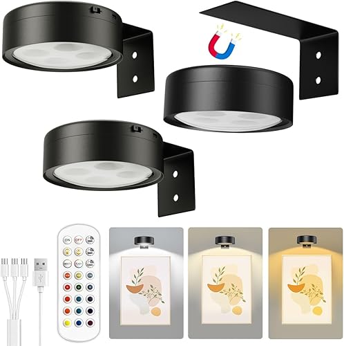 Vista 12 de 3 paquetes de luces para cuadros operadas a batería con luz magnética para pintar con 3 modos de iluminación, luz de exhibición de arte con control