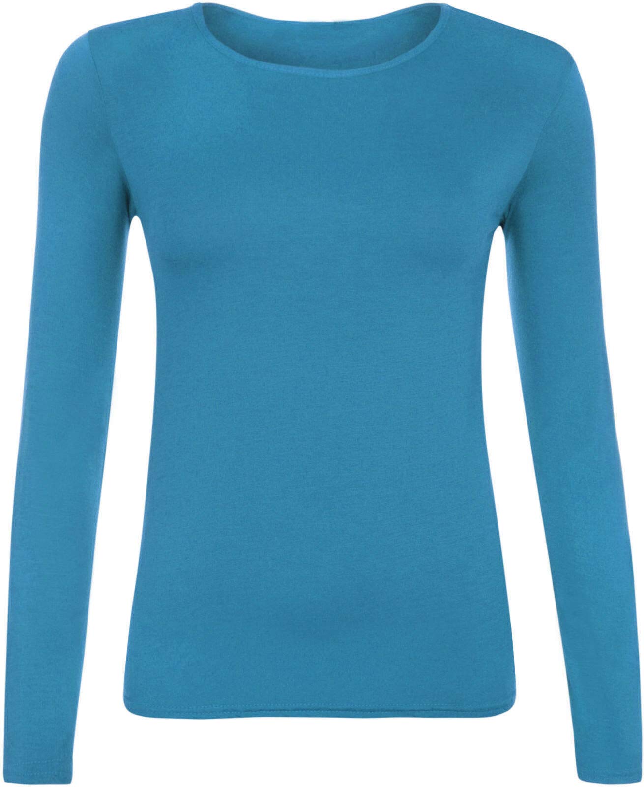 Ladies Women Basic Long Sleeve Plain Round Neck Ladies Stretch Plus Size Top T Shirt (Turquoise, SM)