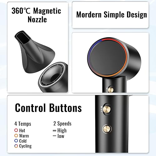 Miniatura 6 de Secador de pelo iónico portátil con motor sin escobillas de alta velocidad - Secador de pelo pequeño, ligero y de bajo ruido con bolsa de viaje -