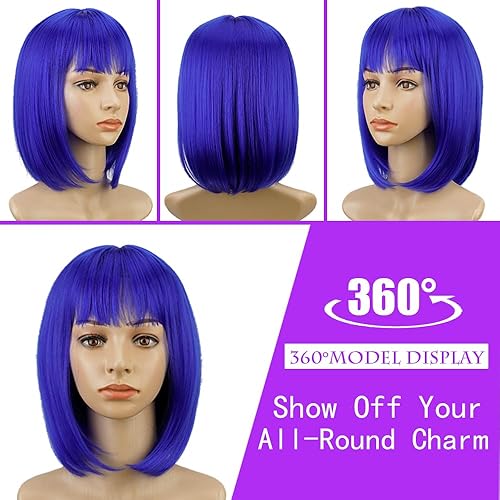 Miniatura 2 de Peluca corta azul Bob con flequillo, 12 pulgadas, peluca sintética de moda natural para mujer, bonita peluca sintética de colores para fiesta