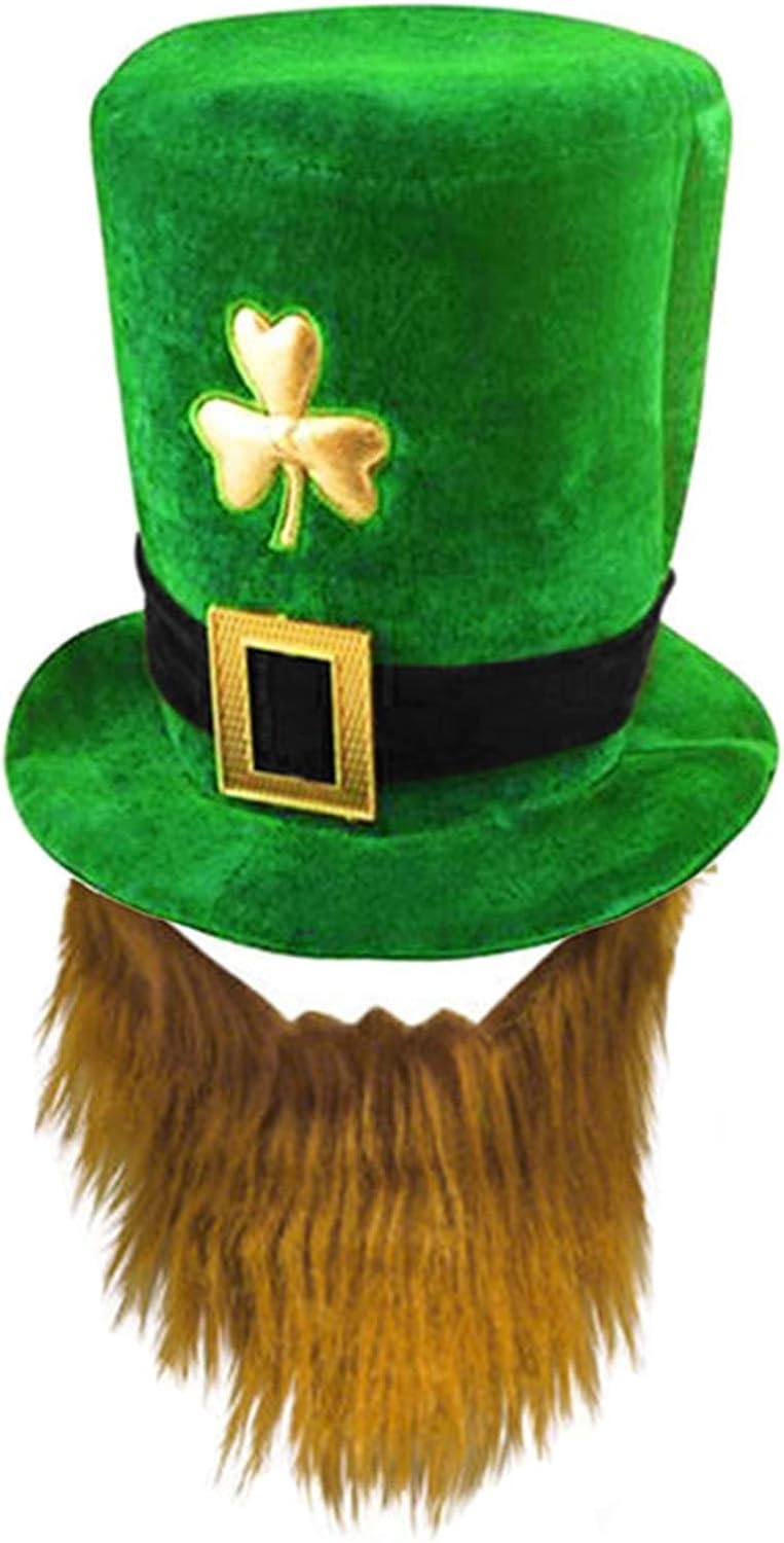 CBLUO St. Patrick's Day Top Hat Beard Shamrock Clover Green Cap Headpiece Women Saint Patrick's Day Party Hat for Leprechaun Irish Day Halloween Cosplay Holiday Festival Parade Carnival Party Supplies
