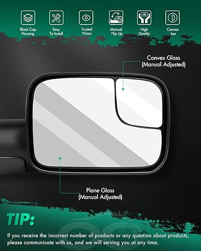 Miniatura 2 de SCITOO Espejos de remolque compatibles con Dodge 1994-2002 para Dodge para Ram 1500 2500 3500 Pickup Truck Espejos de ajuste manual, sin