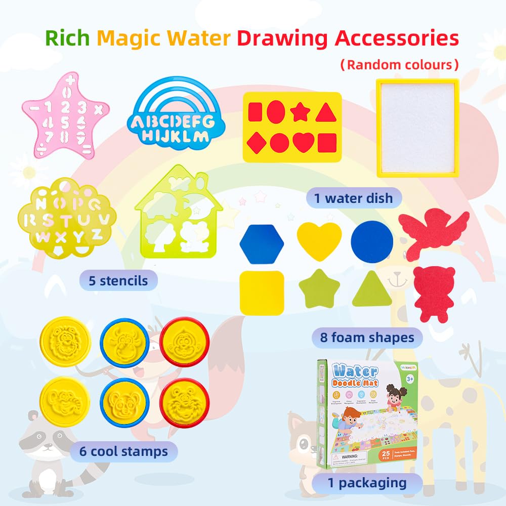 Water Doodle Mat - 120 x 90cm Large Aqua Magic Water Drawing Mat with Magic Pens, Stamps, Molds No Mess Coloring Painting Educational Christmas Birthday Gift for Toddlers Boys Girls Toys Aged 3 4 5