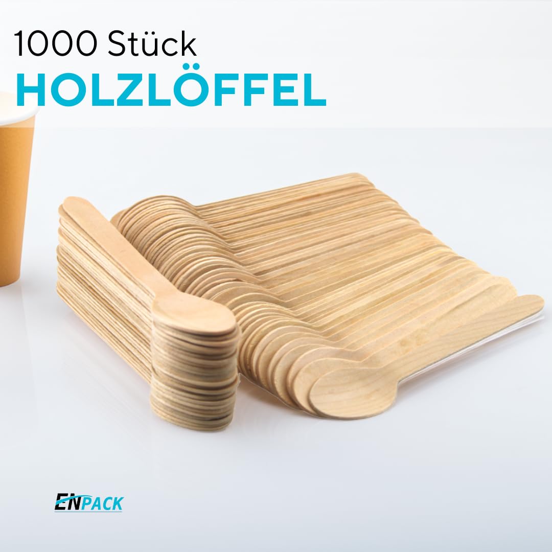 Enpack Holzlöffel 1000 Stück - Einwegbesteck Löffel 160mm - 100% umweltfreundliches Holzbesteck Einweg - Nachhaltige Einweg Löffel - Suppenlöffel Eislöffel Esslöffel Einmalbesteck - wooden spoon