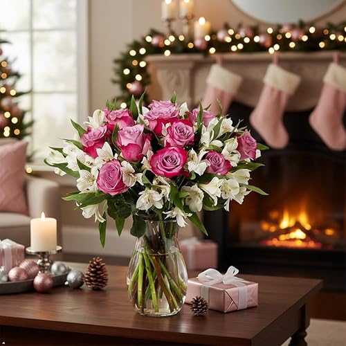 Miniatura 8 de Benchmark Bouquets - Rosas encantadoras y astromelias, jarrón incluido, flores frescas cortadas y cultivadas, regalo para decoración del hogar