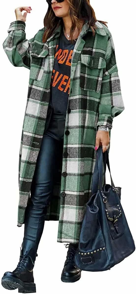 ASKSAWomens Plaid Long Shirt Jacket Lapel Button Long Sleeve Oversize Lumberjack Boyfriend Shacket Warm Cardigan ​Trench Coat