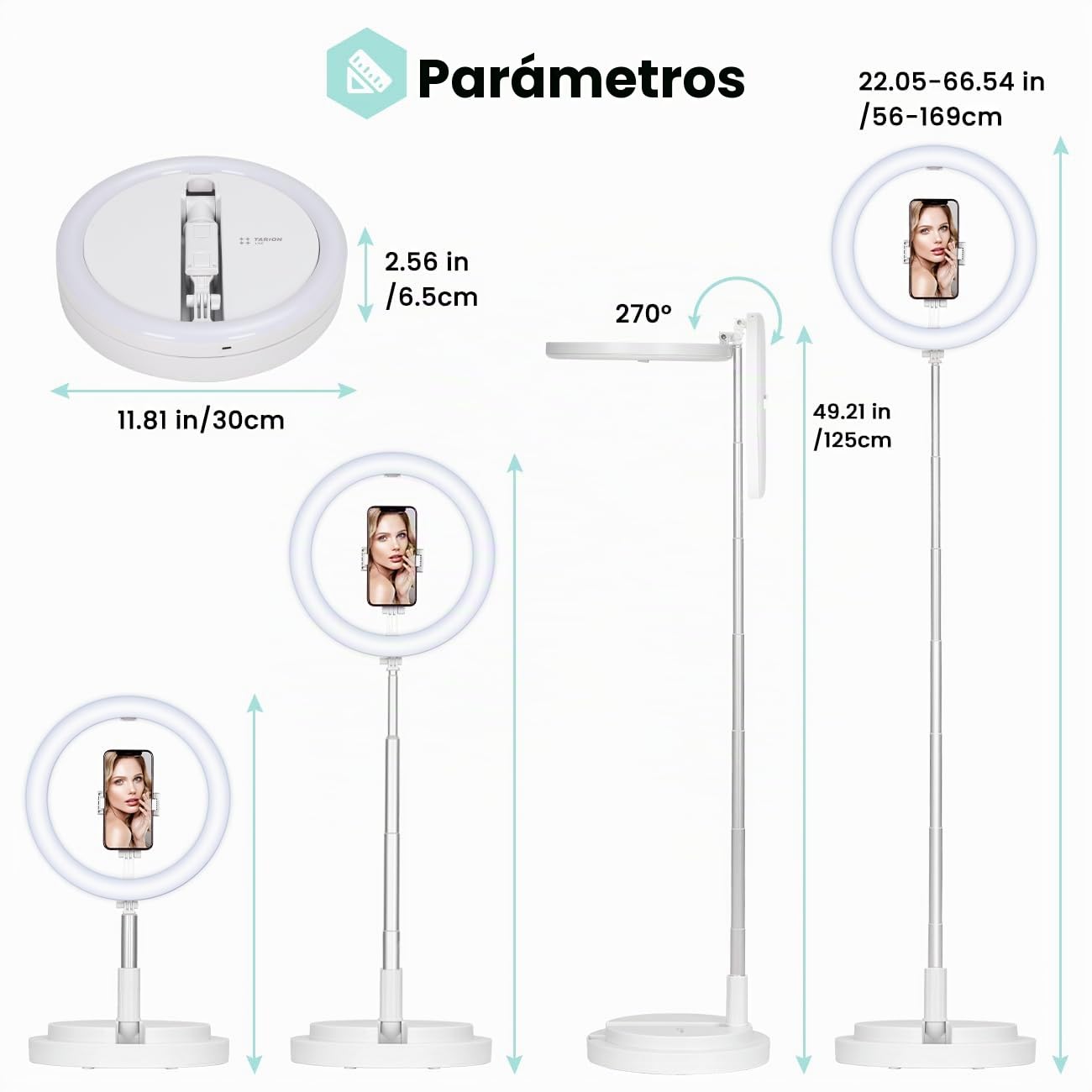 TARION Anillo de luz con Soporte: Anillo de luz LED de Escritorio de 11.8 Pulgadas con Soporte para teléfono, Anillo de iluminación Plegable para Selfie, Foto, videoconferencia, Maquillaje,