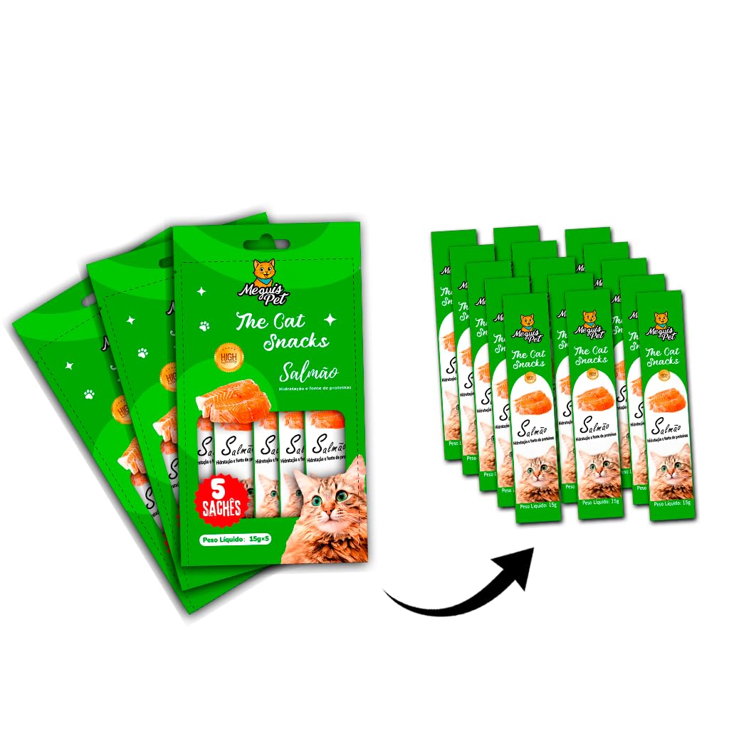 Kit15 Petisco Snack Cremoso MeguisPet p/Gatos Sabor Salmao 1+1+1=3 Pacotes=15 saches