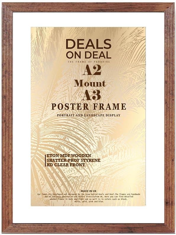 DEALS ON DEAL® Poster Frame Rustic A2 With Mount A3 | Prints HD Clear Acrylic Front Picture Frames | Portrait Landscape | White Matting A2 Picture Poster Frames