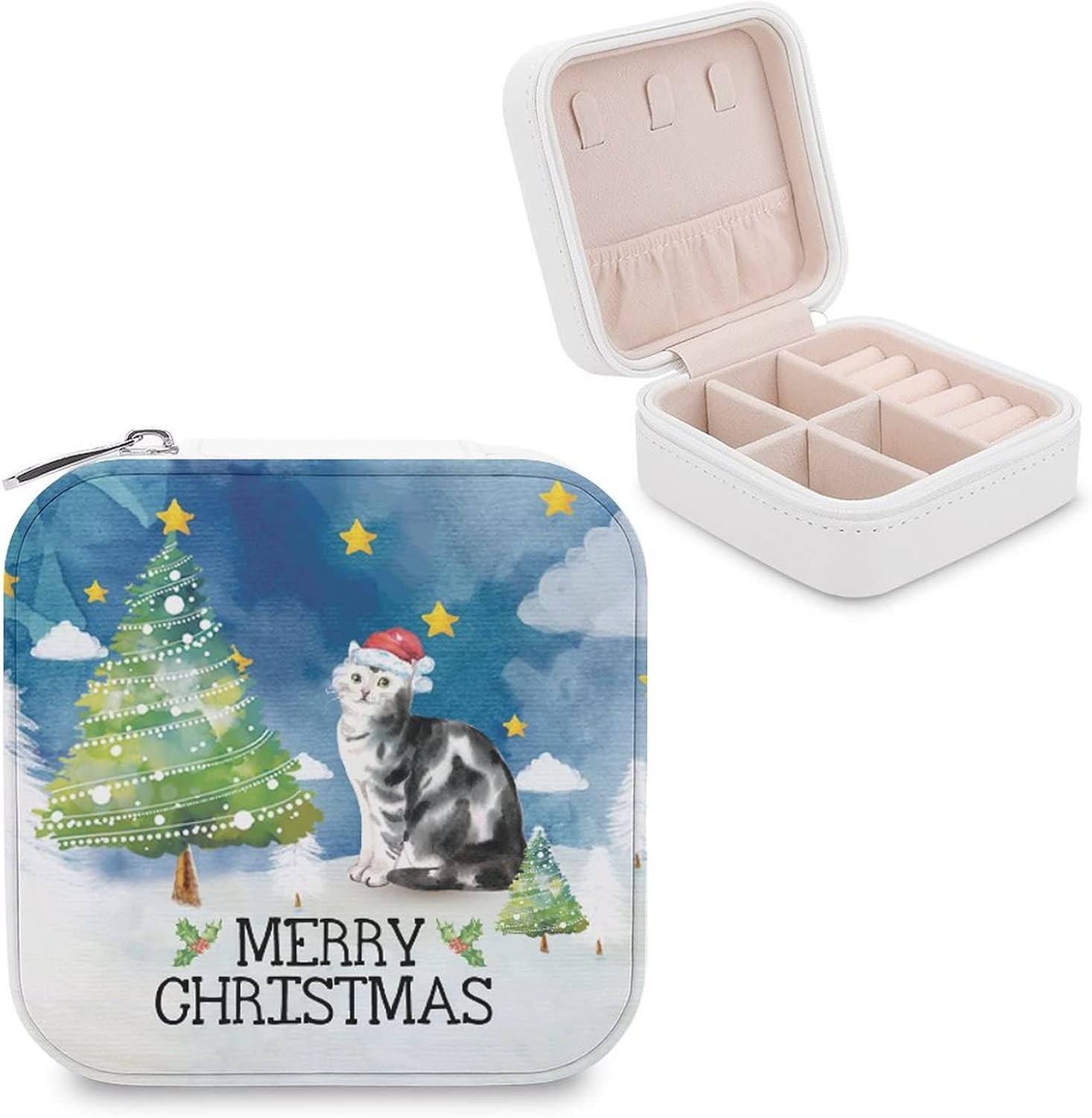 Merry Christmas Dog Pet Dutch Smoushond Travel Jewelry Box Women Leather Small Jewelry Organizer Portable Jewelry Case for Necklace Earrings Rings Xmas Holiday Gift for Women