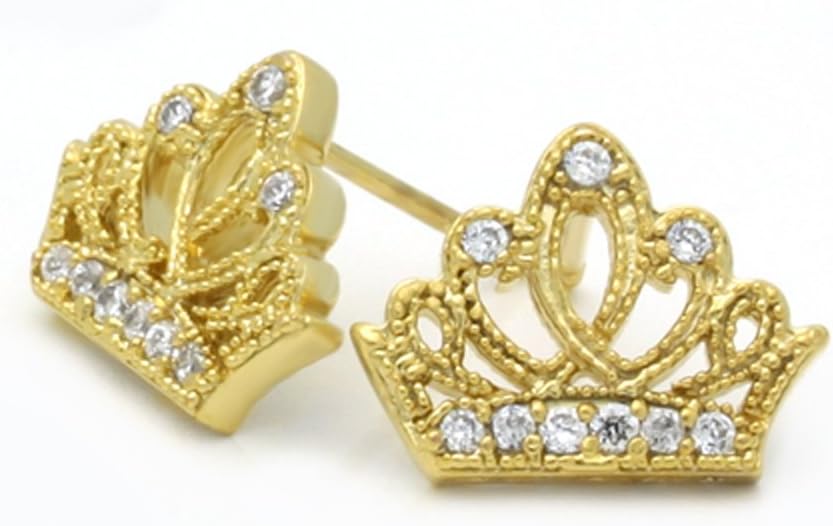 Little Treasures 14 ct Yellow Gold Plated antique Crown CZ Stud Screw Back Earrings For Children & Women