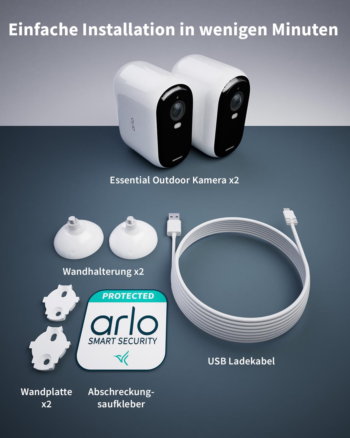 Arlo Essential 2 HD XL Batterie Überwachungskamera Aussen WLAN, Kabellos, 1080p Video, Farbnachtsicht, Licht, Bewegungsmelder, Sirene, 2-Wege Audio, Arlo Secure Plan Testzeitraum, 2 Kameras, Weiß