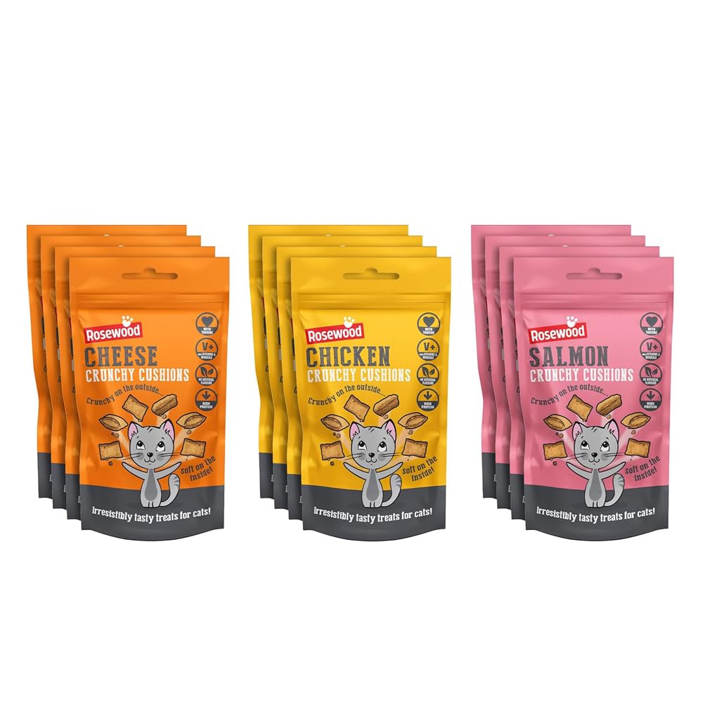 Rosewood Daily Eats Crunchy Cushions Variety Pack for Cats - Chicken, Cheese, and Salmon Flavour Treats with Taurine, Added Vitamins and Minerals, Small Bite Sized Cat Snacks, 12 Bags x 60g