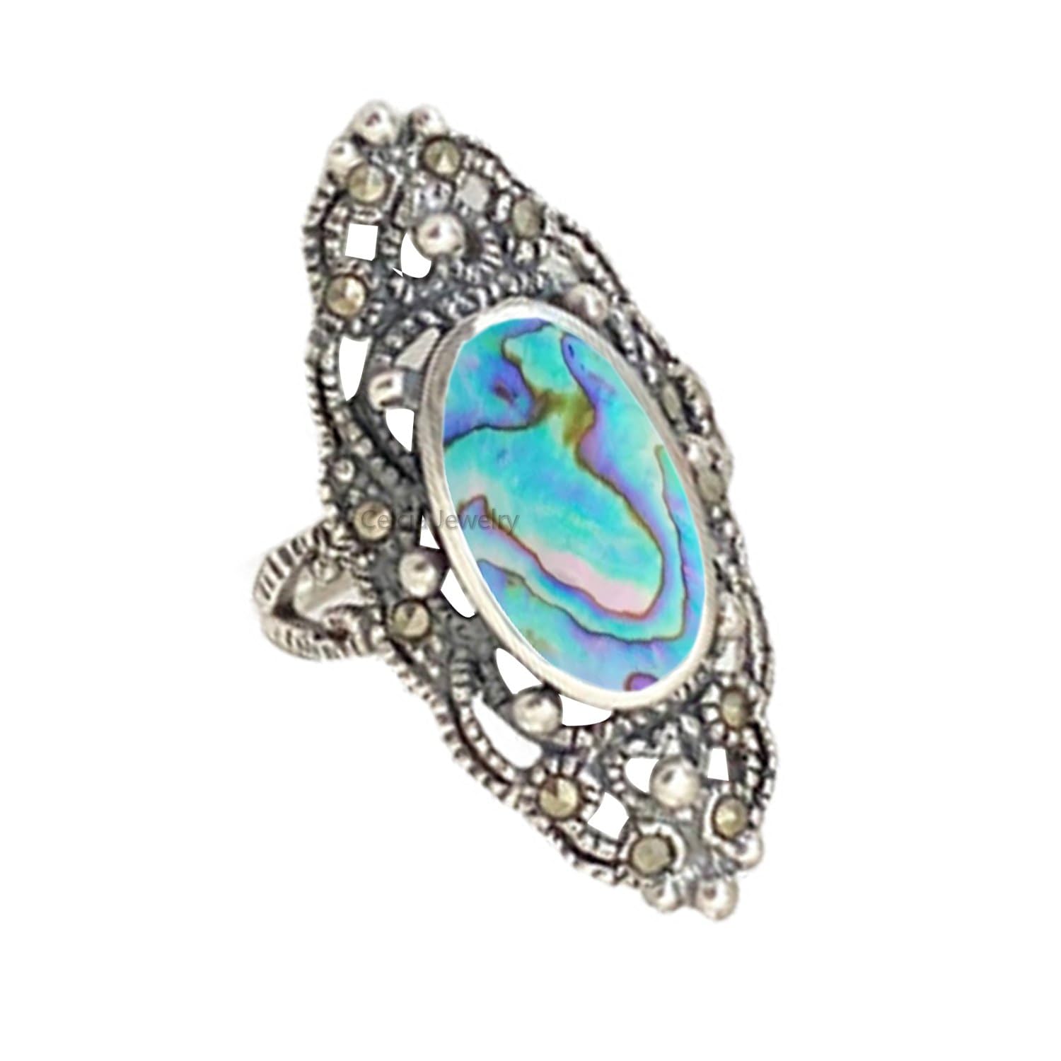 Pure 925 Sterling Silver Statement Turquoise Ring, Womens Wedding Band Organic Ring, Ultimate Ring, Boho Bohemian Ring, Minimalist Ring, Mothers Day Ring (US Ring size 5, Abalone Shell)