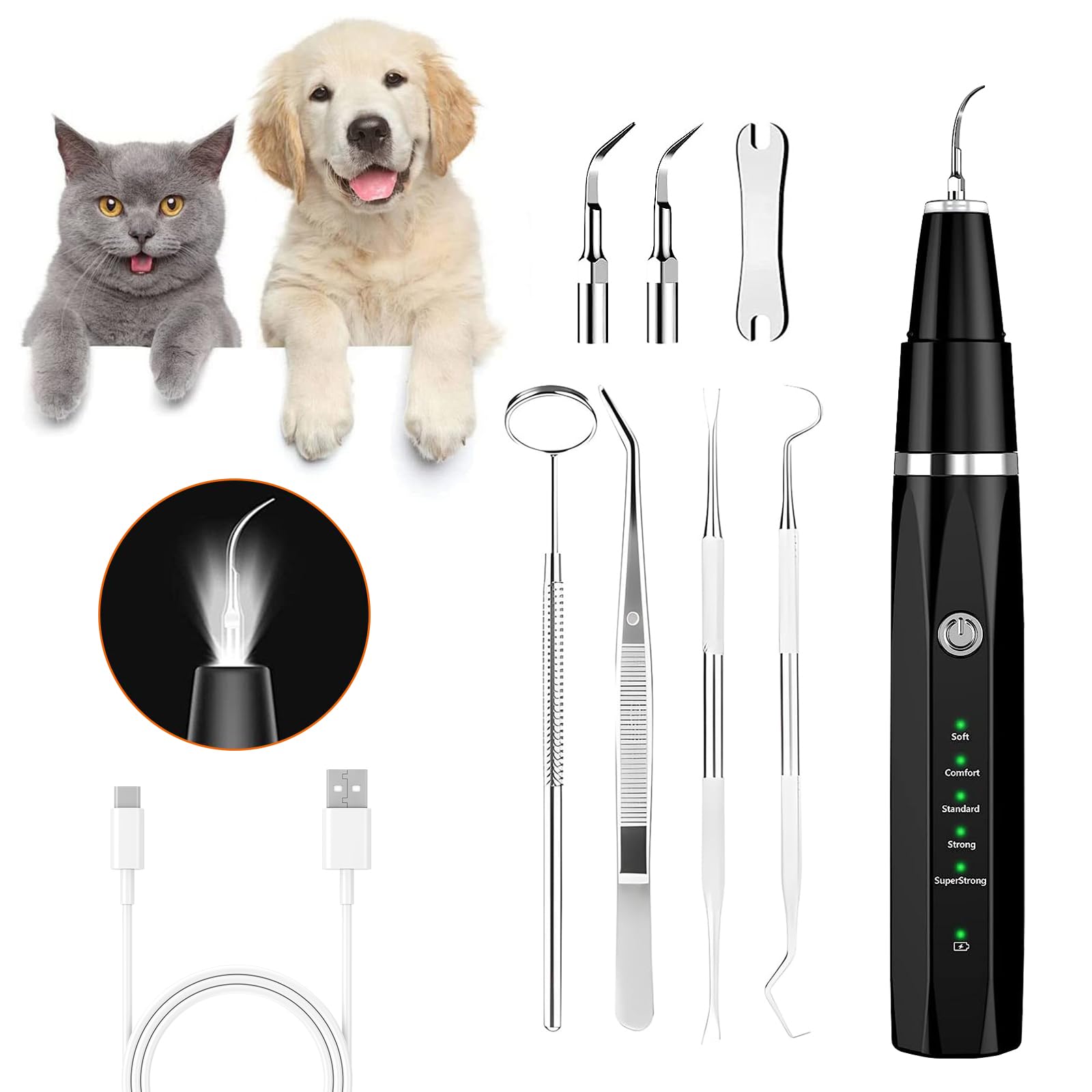 YdseozOA Kit de limpieza dental para mascotas, eliminador de placa de dientes, eliminador de sarro, limpiador ultrasónico para perros y gatos, kit de cuidado dental para eliminar el sarro y la placa