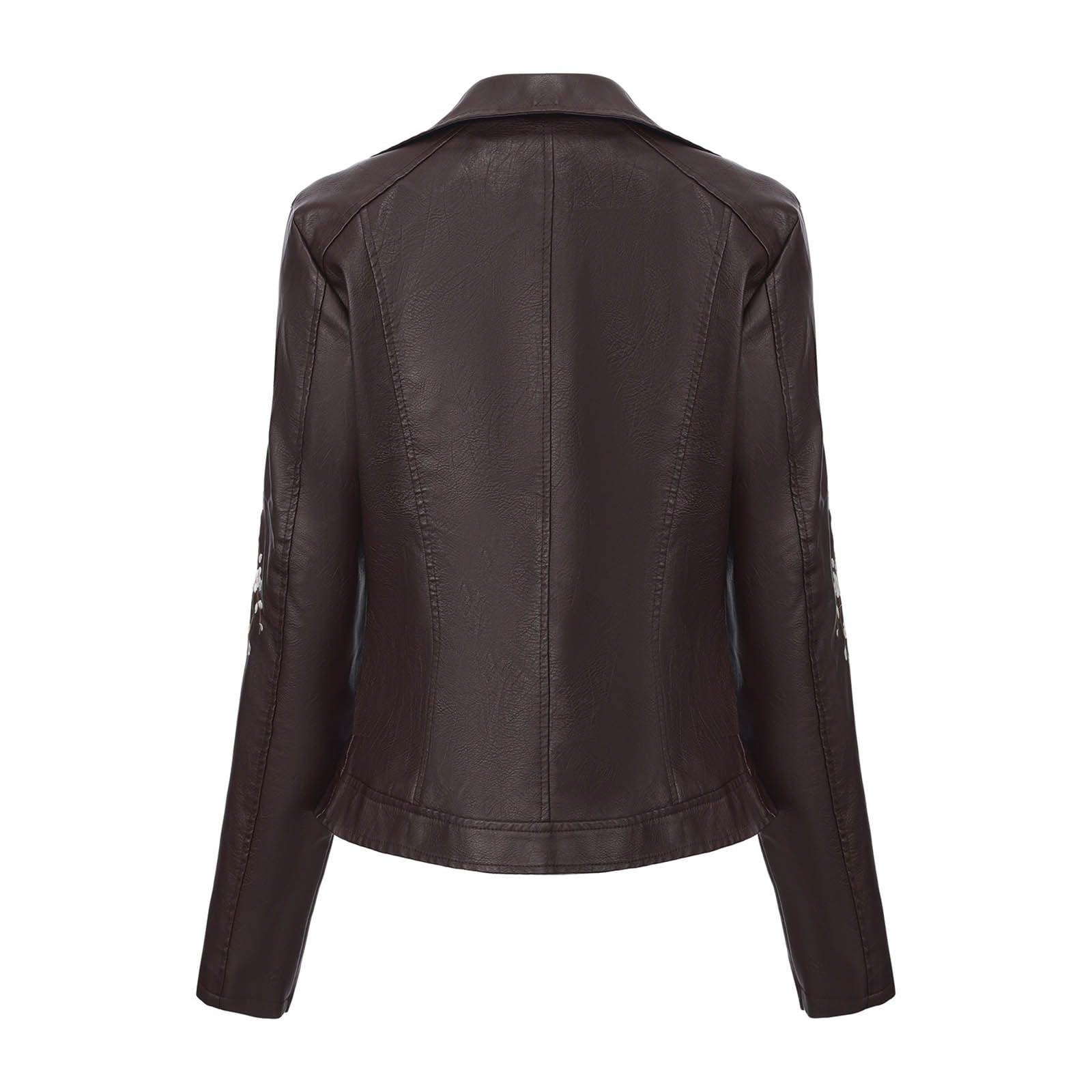 Giacca da donna in pelle ricamata asimmetrica | Capispalla decorativo in finta pelle con zip frontale design per moto stile streetwear viaggi e abbigliamento casual
