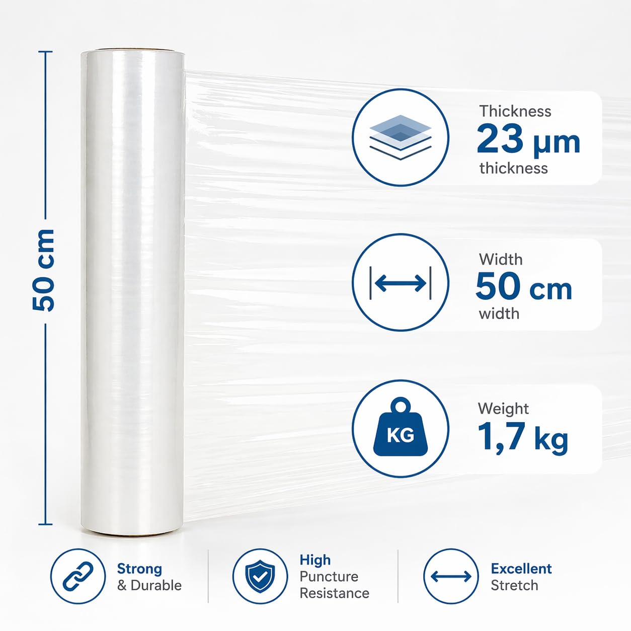 Stretchfolie Transparent 6 Rollen, 50 cm x 230 m, Wickelfolie für Umzug, Möbel, Lager und Palettensicherung (6 x 2.3 kg, 23µm)